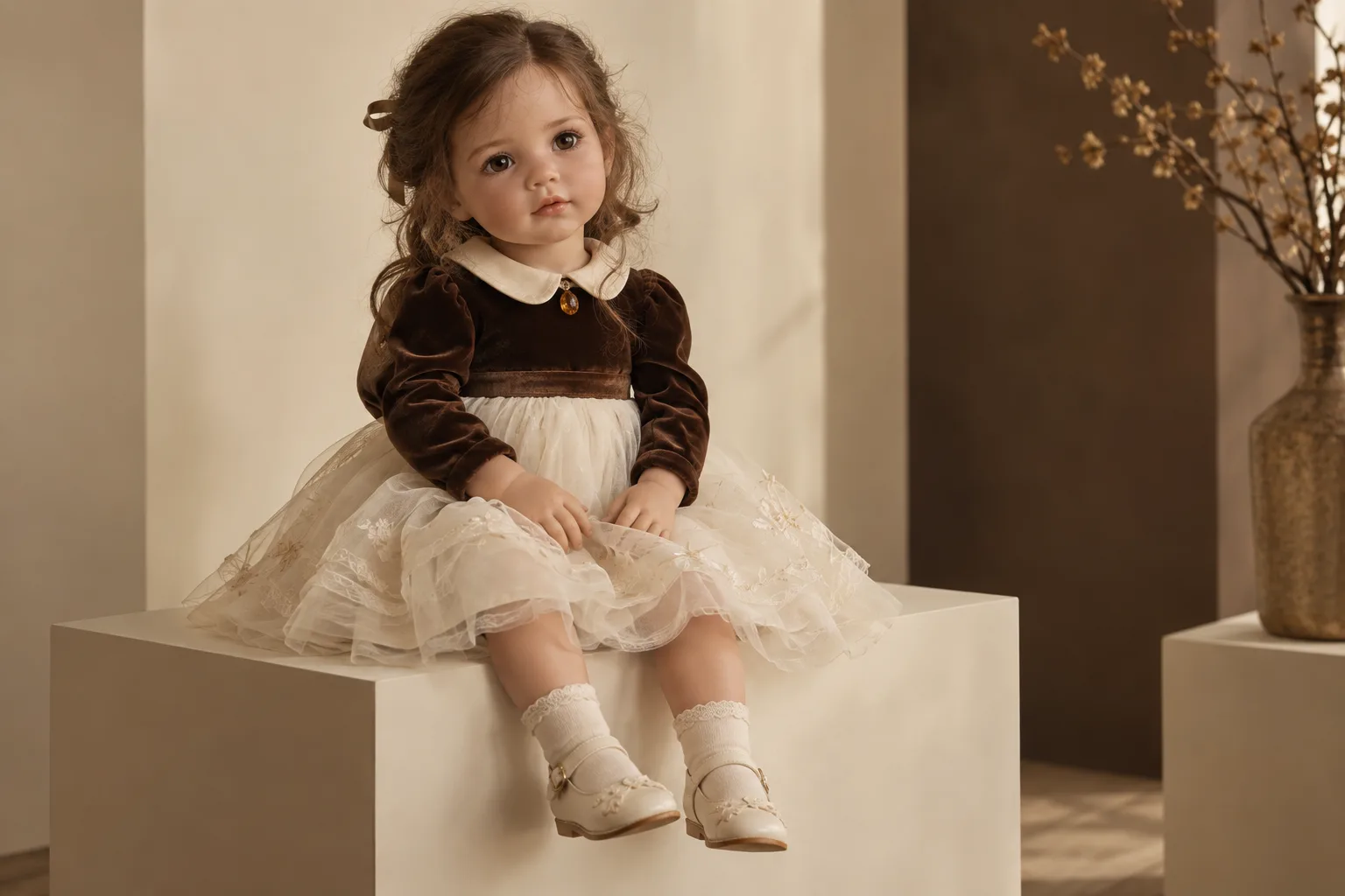 AI styling study of a collector doll in chocolate velvet and ivory couture.